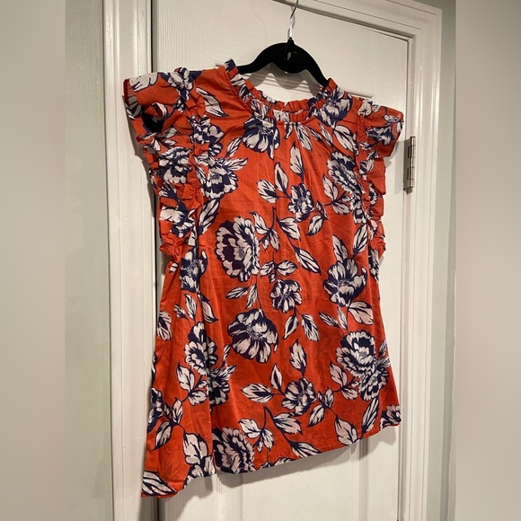 NWT C&C California Size M Blue Floral Ruffle Collar Short Sleeve Lightweight Top - Picture 3 of 10